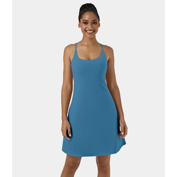 Halara Crossover Backless Mini Dress Blue with Built-In Shorts Size Small NEW - Picture 2 of 8